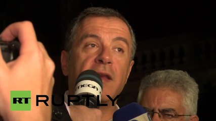 Greece: To Potami Leader Theodorakis talks to press after meeting with PM Tsipras