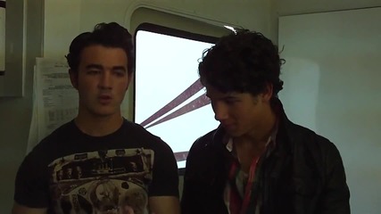 Kevin Jonas and Nick Jonas on the set of Jonas La 