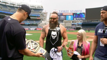 New York Yankees All-Star outfielder Aaron Judge is presented with a custom WWE Championship