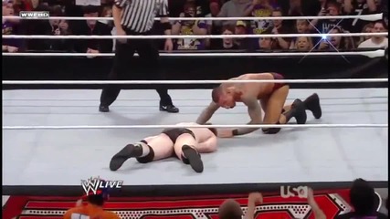 Randy Orton reverses a Slingshot Flying Shoulder Block into a Rko
