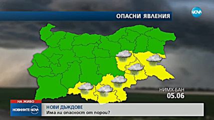 Жълт код за силни дъждове в шест области у нас