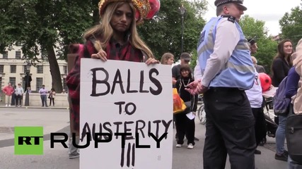 UK: 'Balls to the budget' - Anti-austerity protesters rally outside Downing Street
