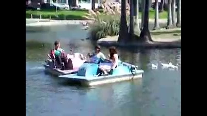 David plays bumper boats with Jayk 