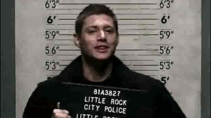 Supernatural funny scene with Sam and Dean having mug shots taken