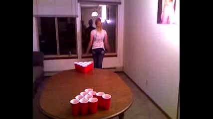 Stripper knocks over beer pong cups