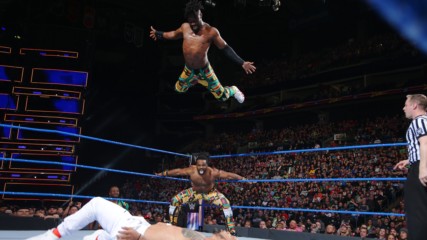 Kofi Kingston stuns Jey Uso with a splash from the top rope: WWE Fastlane 2018 (WWE Network Exclusive)