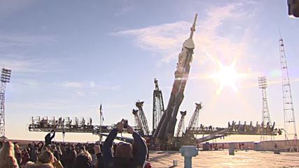 Kazakhstan: Soyuz MS-10 mounted on launch pad at Baikonur cosmodrome