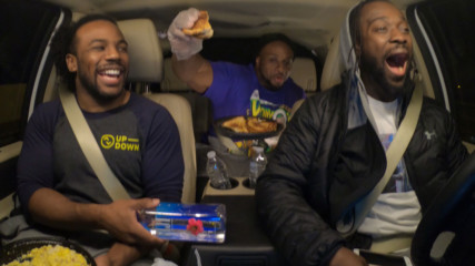 Big E hand feeds Kofi so he can drive on WWE Ride Along (WWE Network Exclusive)