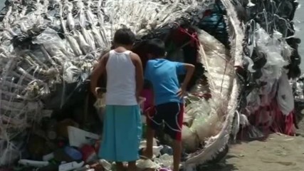 Направиха скулптура на мъртъв кит от пластмасови боклуци