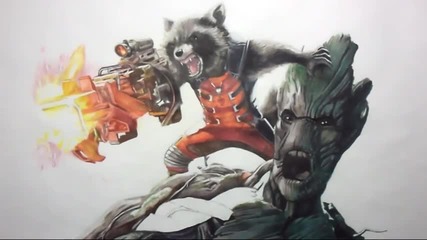 Рисунка на дивите герои Грут и Ракетата от филма Пазители на Галактиката (2014)