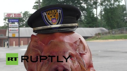 САЩ: Прасе облечено като полицай в знак на протест