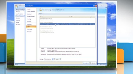Microsoft® Access 2007: How to turn off or manage installed add-ins on Windows® Xp?