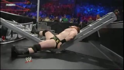 John Morrison throws Sheamus off a Ladder through an other Ladder