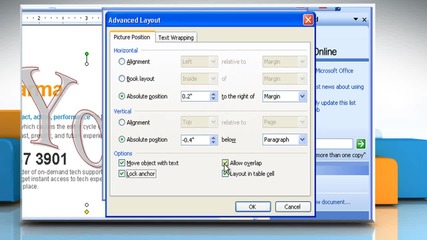 Microsoft® Word 2003: How to position Wordart Object in relation to page, text, other anchor on Wind