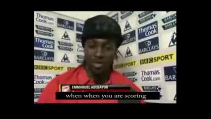 adebayor funny interview after his goal against liverpool