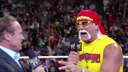 Arnold Schwarzenegger and Joe Manganiello join Hulk Hogan in the ring Raw, March 24, 2014