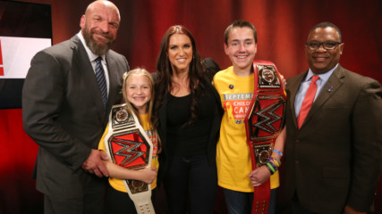 Stephanie McMahon and Triple H recognize childhood cancer survivors Carter and Elizabeth in partnership with Hyundai