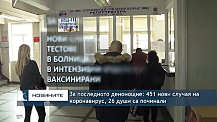За последното денонощие: 451 нови случая на заразяване с коронавирус, 26 души са починали