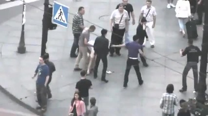 fight caught on tape 2 non-russia against 10 russian people k.o knock out