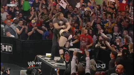 Triple H's Pedigree on King Sheamus into the Announcer Table