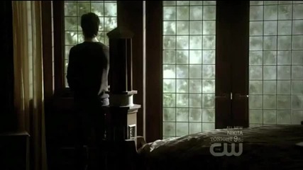 Damon feeds Elena his blood then stabs Stefan.