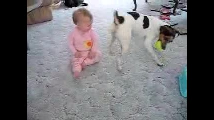 Бебе Се Опитва Да Ухапе Куче(яко Смях)