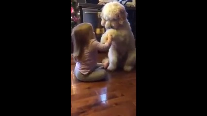 малко момиченце е треньор на куче