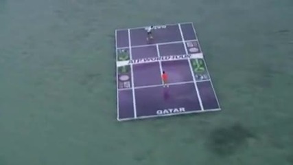 Rafael Nadal and Roger Federer play tennis on water in Doha. 