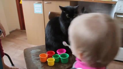 Малко момиченце дава на коте да яде