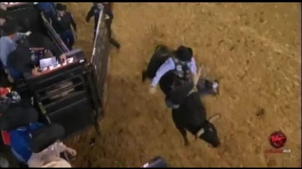 Ryan Mcconnel lands headfirst, save by bullfighter Jesse Byrne 