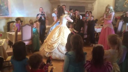 Belle, Aurora, Cinderella & Prince Charming dancing in Auberge du Cendrillon