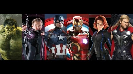 Промо арт на шестимата главни герои от филма Отмъстителите: Ерата на Ултрон (2015)