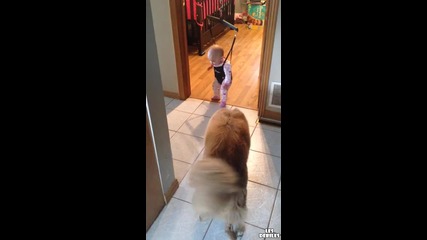 Kуче учи малко бебе как да скача!