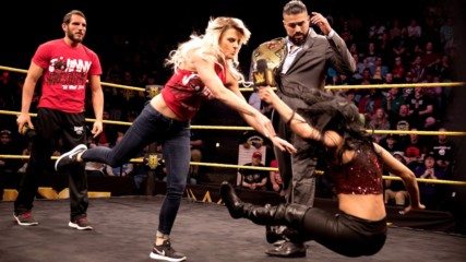 Candice LeRae stands by Johnny Gargano's side as Andrade "Cien" Almas & Zelina Vega confront Johnny Wrestling: WWE NXT, 