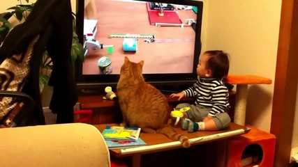 Бебе и котка в синхрон