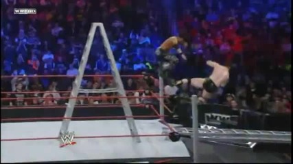 John Morrison throws Sheamus off a Ladder through an other Ladder