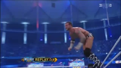 Randy Orton reverses Cm Punk's Springboard Clothesline into a Rko in mid-air