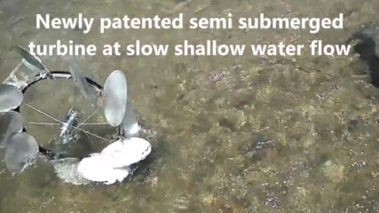 Free gravity boosts rotation of patented under water device capturing energy of slow moving flow