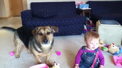 Сладко бебенце се радва на кучето си
