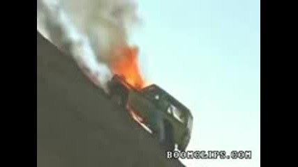 4x4 truck on fire rolls downhill into crowd 