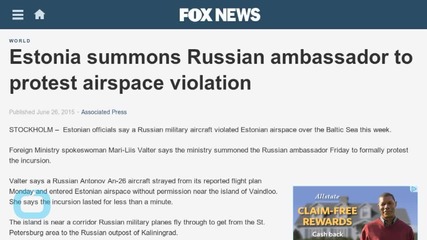 Estonia Summons Russian Ambassador to Protest Airspace Violation....