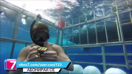 Мъж подрежда кубчето на рубик затворен в клетка под вода и заплашен от акула
