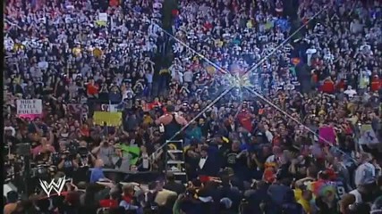 Vince Mcmahon does a Leg Drop off a Ladder through the Announcer Table