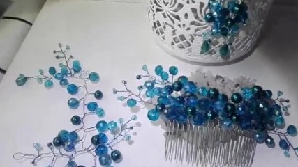 Дизайнерски гребен- украса за коса с кристали в комплект с обици- Azure Coast от Absoluterose.com