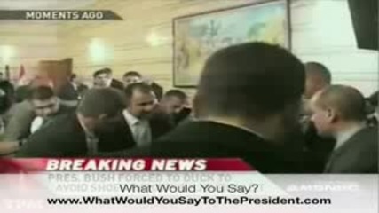President George Bush dodges a reporters who threw is shoes at him while visiting Iraq 12 - 14 - 08.