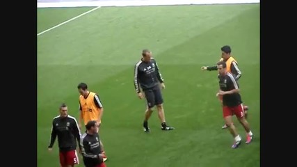 Daniel Agger warming up ahead of Liverpool v Bolton 27/08/11