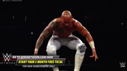 Ricochet's leaping hurricanrana launches Adam Cole off the ring apron: NXT TakeOver: Brooklyn IV (WWE Network Exclusive)