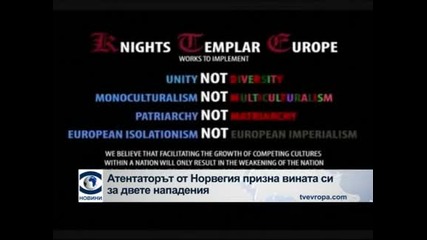 Заподозреният за двойния атентат в Норвегия норвежец призна вината си