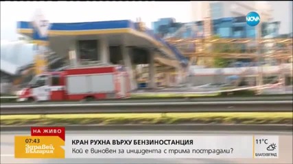 Кадри от падането на крана върху бензиностанция в София