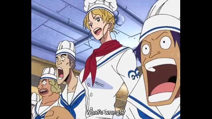 Luffy eating in a marine kitchen